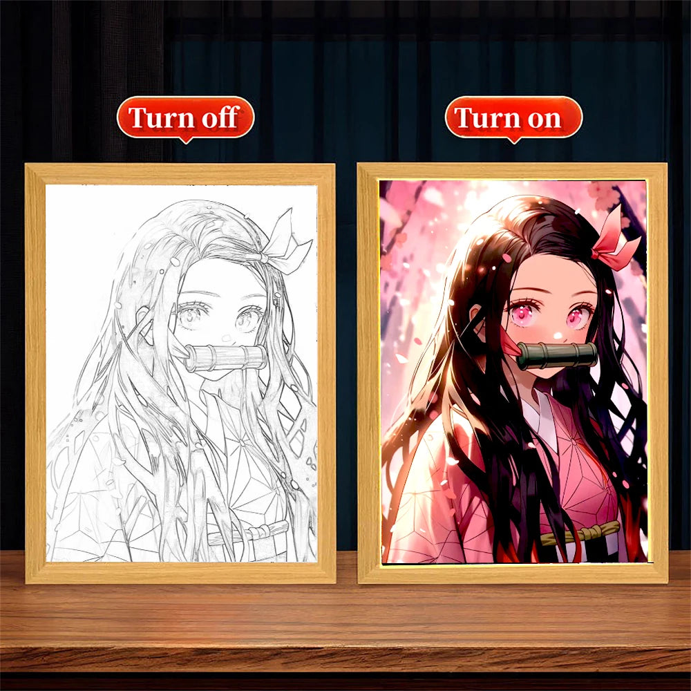 Anime Figure Light Painting Photo Frame Demons Slayer Kimetsu No Yaiba Tanjirou Action Led Lamps