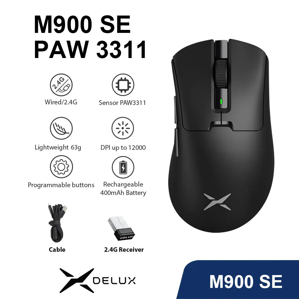Delux M900 SE Wireless Gaming Mouse Ergonomic Mice PAW3311 12000DPI Lightweight 63g for Right Big Hands PC Laptop Gamer