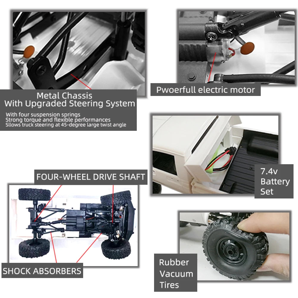 WPL C24-1 Full Scale RC Car 1:16 2.4G 4WD Rock Crawler Electric Buggy Climbing Truck LED Light On-road 1/16 For Kids Gifts Toys