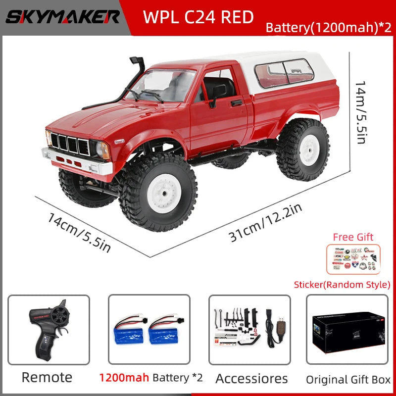 WPL C24-1 Full Scale RC Car 1:16 2.4G 4WD Rock Crawler Electric Buggy Climbing Truck LED Light On-road 1/16 For Kids Gifts Toys
