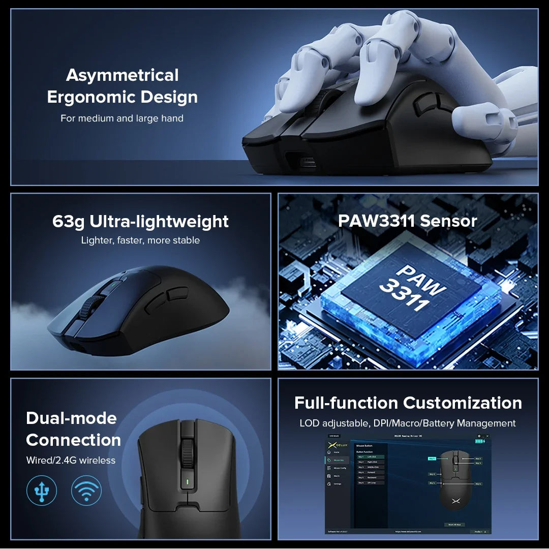 Delux M900 SE Wireless Gaming Mouse Ergonomic Mice PAW3311 12000DPI Lightweight 63g for Right Big Hands PC Laptop Gamer