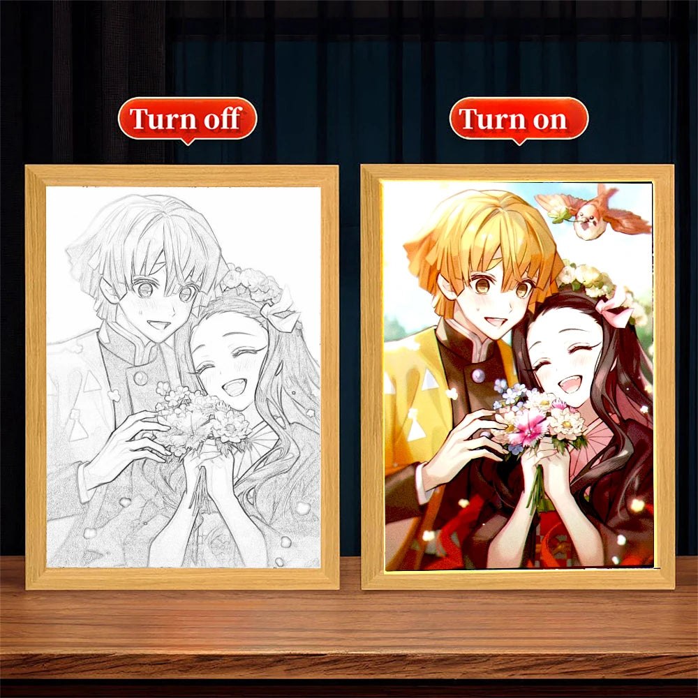 Anime Figure Light Painting Photo Frame Demons Slayer Kimetsu No Yaiba Tanjirou Action Led Lamps