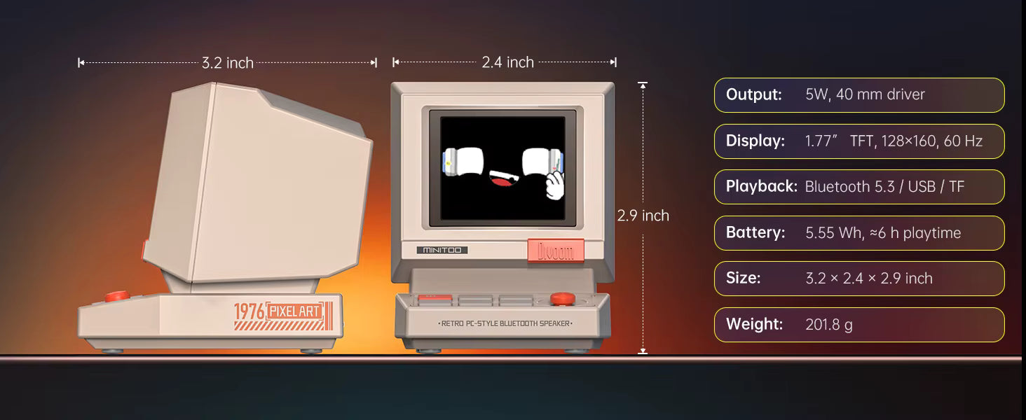 Divoom MiniToo Retro Bluetooth Speaker Portable Pixel Display Music Box Retro Computer Style Speaker Gift