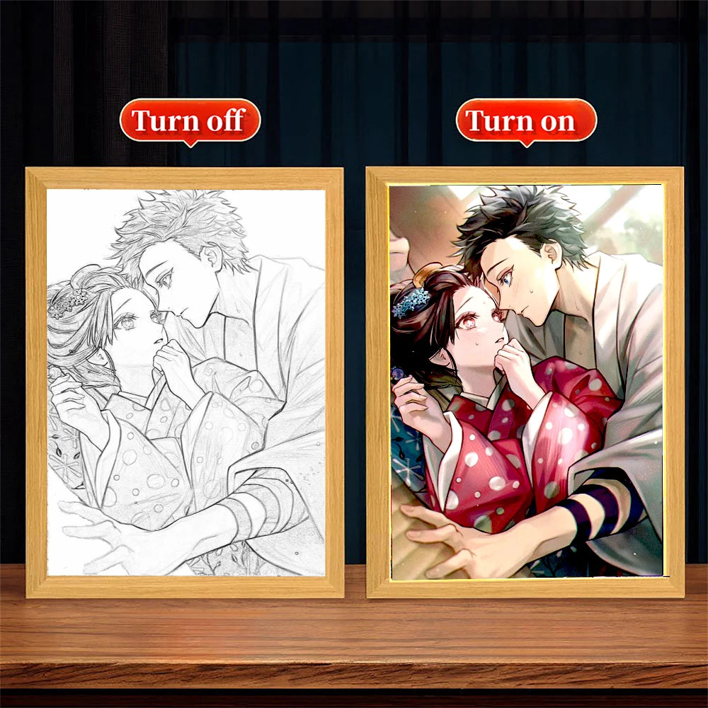 Anime Figure Light Painting Photo Frame Demons Slayer Kimetsu No Yaiba Tanjirou Action Led Lamps