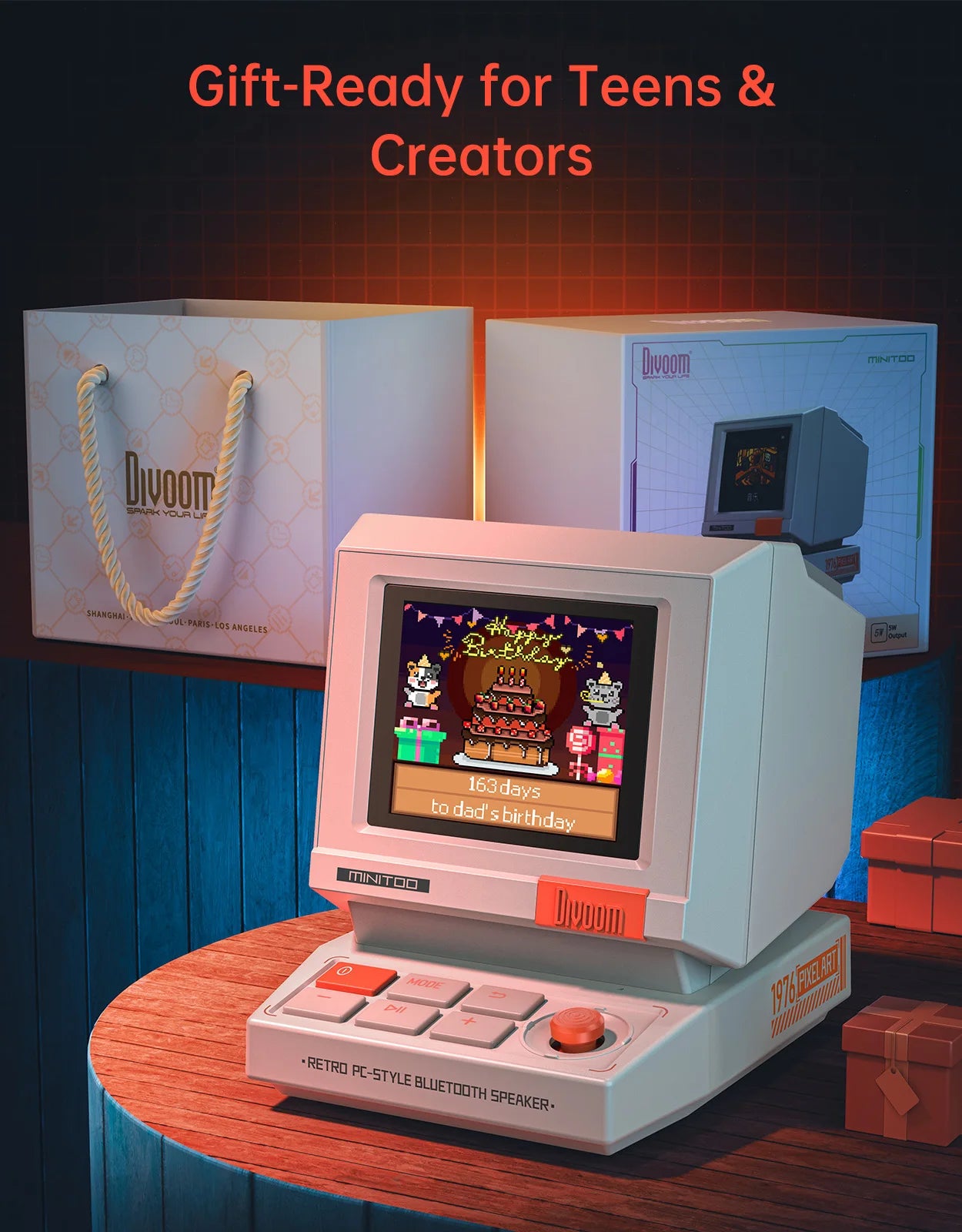 Divoom MiniToo Retro Bluetooth Speaker Portable Pixel Display Music Box Retro Computer Style Speaker Gift