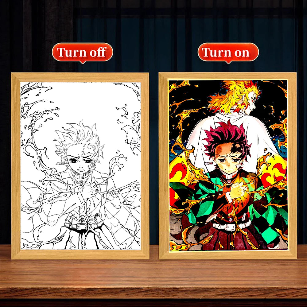 Anime Figure Light Painting Photo Frame Demons Slayer Kimetsu No Yaiba Tanjirou Action Led Lamps