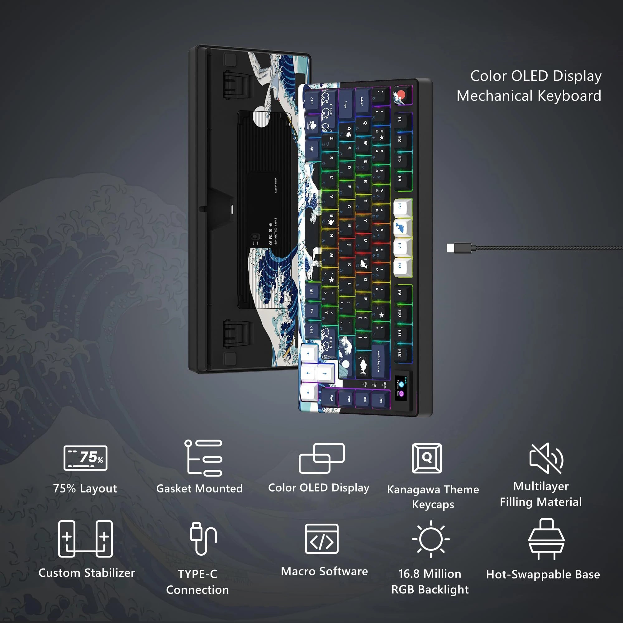 Wired Mechanical Gaming Keyboard with OLED Display Full Key Hot-Swappable Pudding RGB Backlit Keyboard