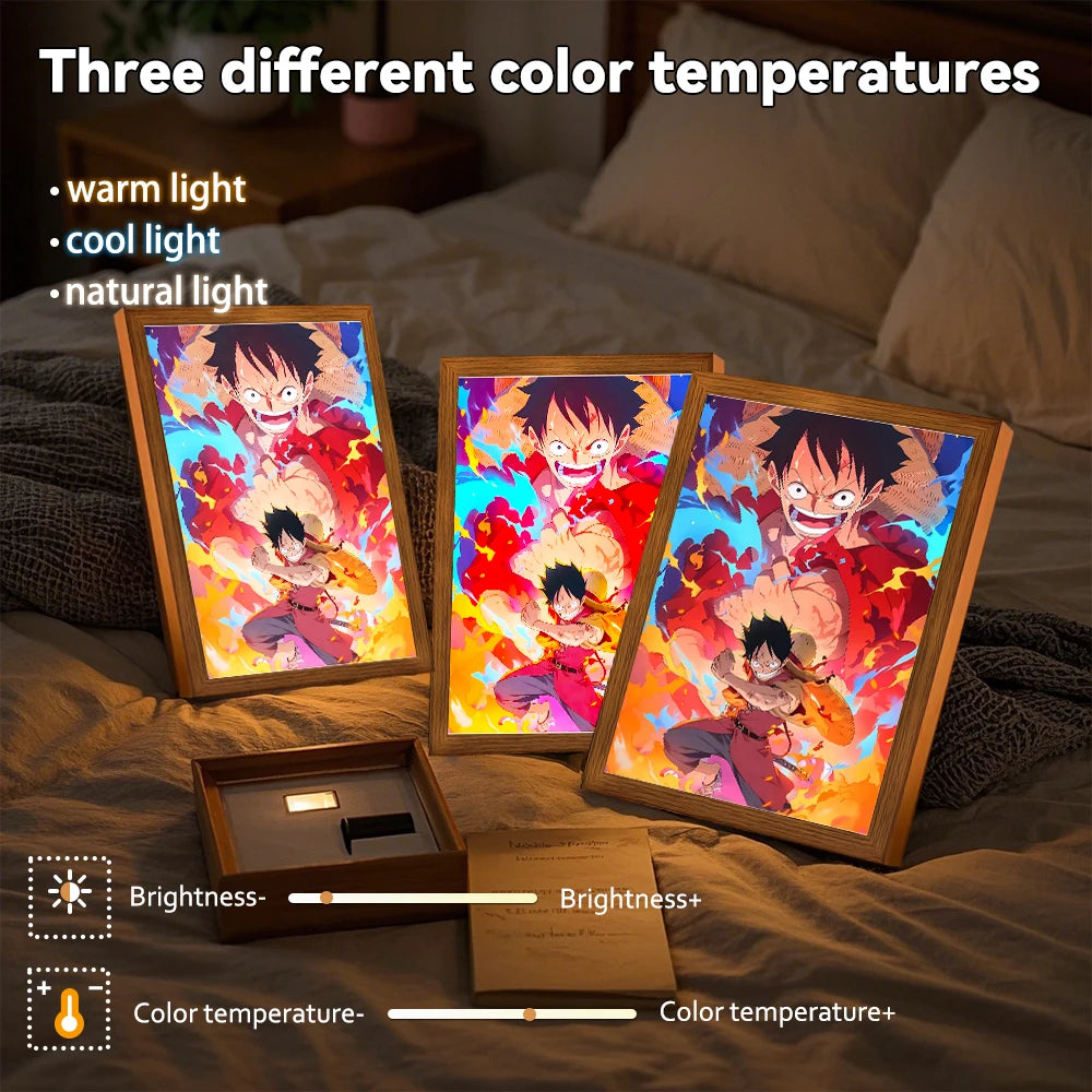 Anime Light Painting Photo Frame One Piece Luffy Zoro LED Night Light Birthday Gift Manga Bedroom Decor Original Art Moon Lamp