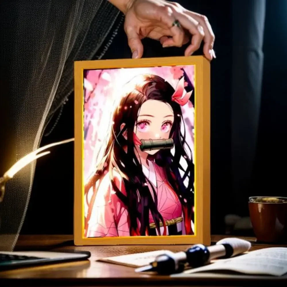 Anime Figure Light Painting Photo Frame Demons Slayer Kimetsu No Yaiba Tanjirou Action Led Lamps