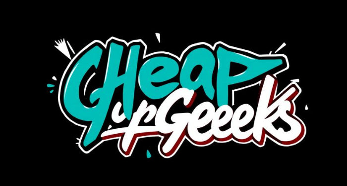 Logo of 'Cheap Geeks' with colorful text on a black background